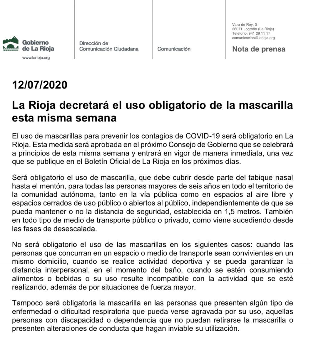 Lee más sobre el artículo Uso de Mascarilla obligatorio en La Rioja