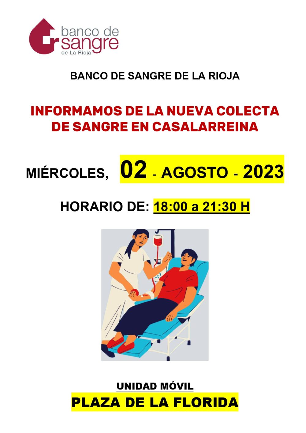 Lee más sobre el artículo Donación de sangre el día 2 de agosto en horario de 18:00 a 21:30 h.