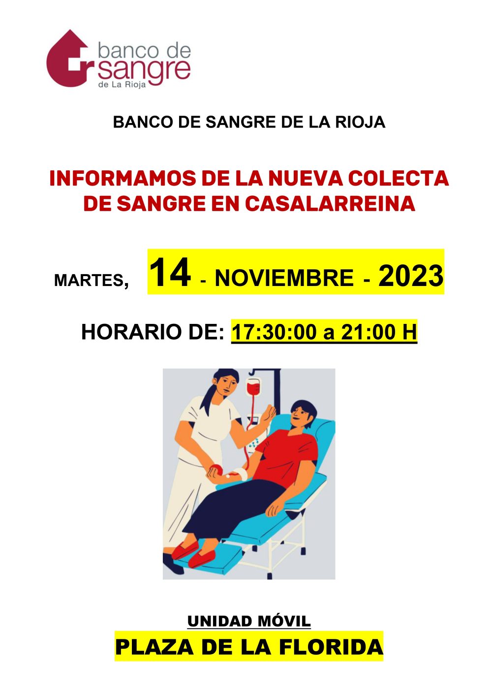 Lee más sobre el artículo Donación de sangre el día 14 de noviembre en horario de 17:30 a 21:00 h.