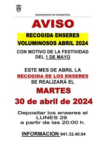 Lee más sobre el artículo RECOGIDA ENSERES VOLUMINOSOS ABRIL 2024