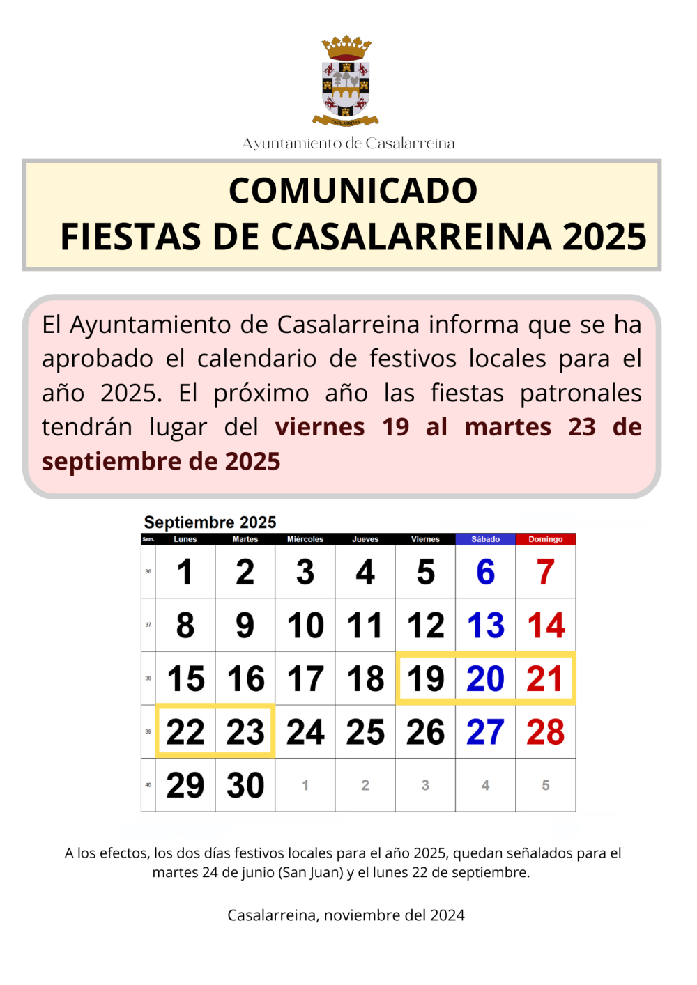 Lee más sobre el artículo Comunicado. Festivos y Fiestas 2025