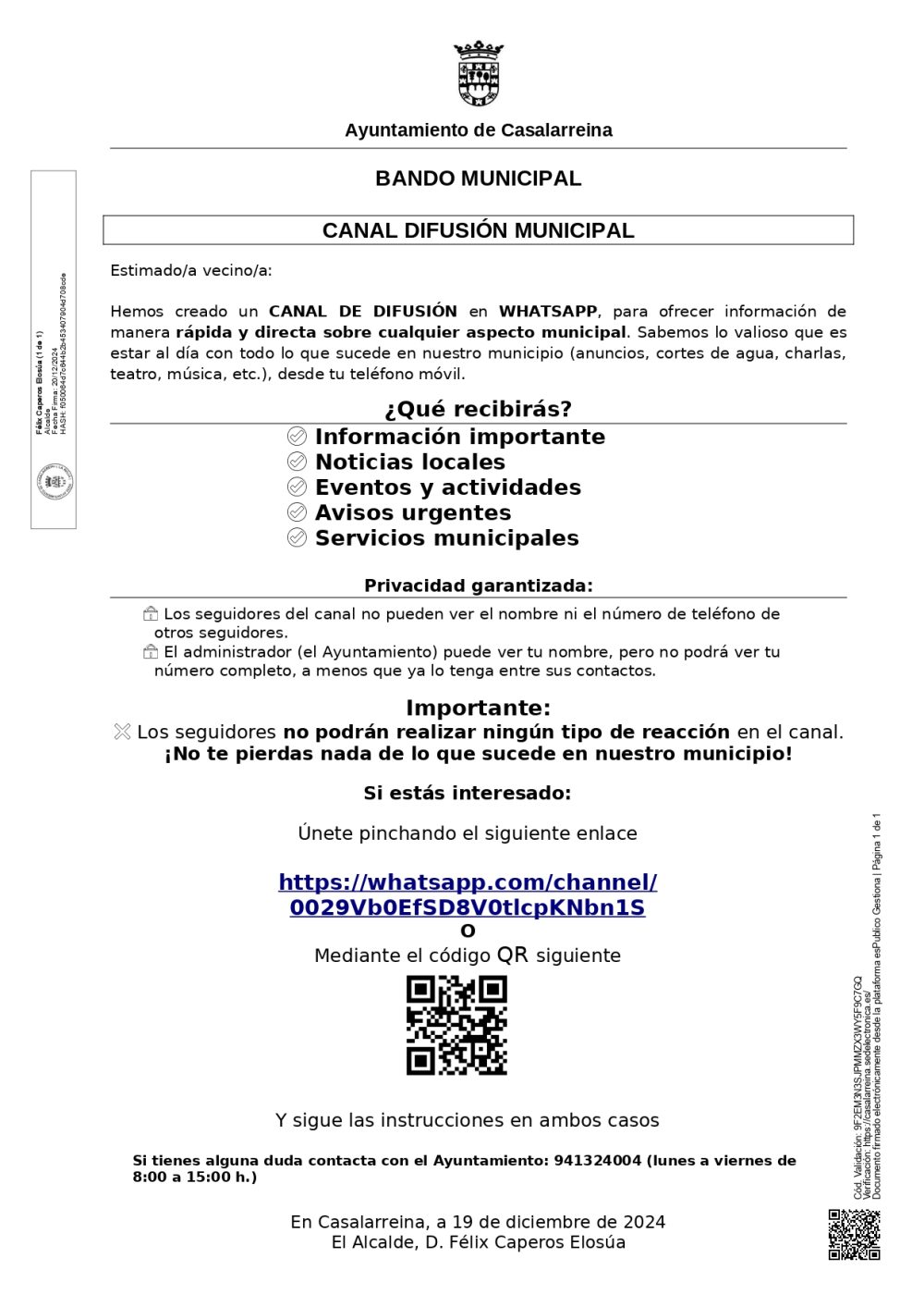 Lee más sobre el artículo CREACION CANAL MUNICIPAL WHATSAPP